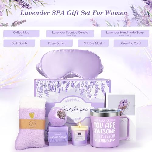 Birthday Gifts for Women Lavender Spa Gift Basket for Women Self Care Relaxing Bath Set Purple Gifts Inspirational Gift for Mom Wife Her Female Sister Teacher Nurse Friends Employee Coworker Spa Gifts - Image 2