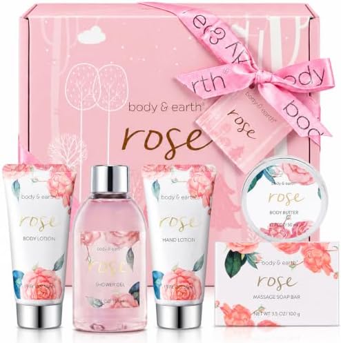 BODY & EARTH Spa Gift Set for Women - Luxurious 5 Pcs Bath and Body Box, Rose Scent, Includes Body Wash, Body Butter, Body Lotion and More, Birthday Christmas Gifts for Mom Self Care Kit for Her by BODYEARTH