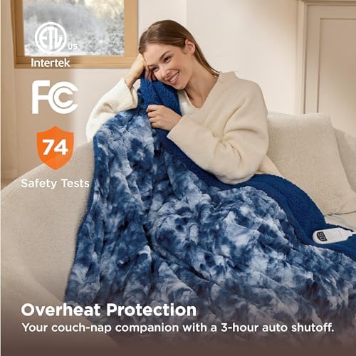 Bedsure Faux Fur Heated Blanket Throw Blanket, Fast Heating Electric Blanket with 6 Heating Levels & 4 Time Settings, Cozy Gifts for Women Men (50x60 inches, Denim Blue) - Image 6
