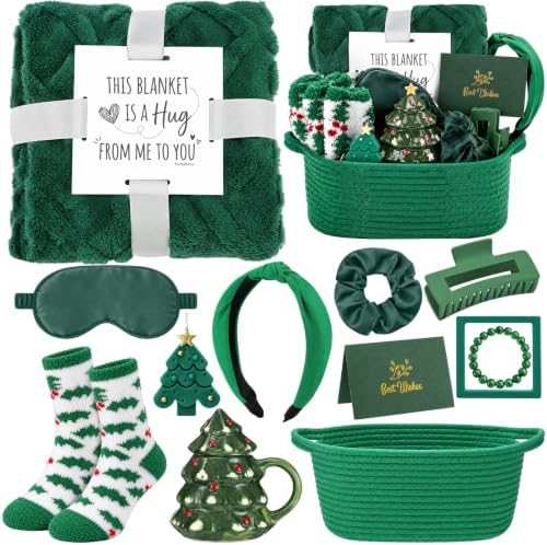Willinglong 11 Pcs Christmas Basket Gifts for Women- Green Xmas Gift Set with Candle Basket Blanket Mug Scrunchie Headband Socks Bracelet Hair Claw Eye Mask Greeting Card for Mom Wife Teacher by Willinglong