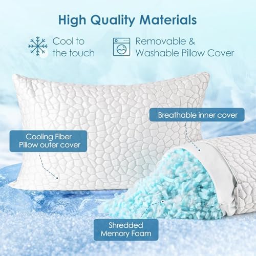 Cooling Pillows Queen Size Set of 2 Shredded Memory Foam Pillows for Side Back Stomach Sleepers, Two-Sided Cool Adjustable Firm or Soft Bed Pillow Luxury Gel Neck Pillow for Neck Shoulder Pain Relie - Image 6
