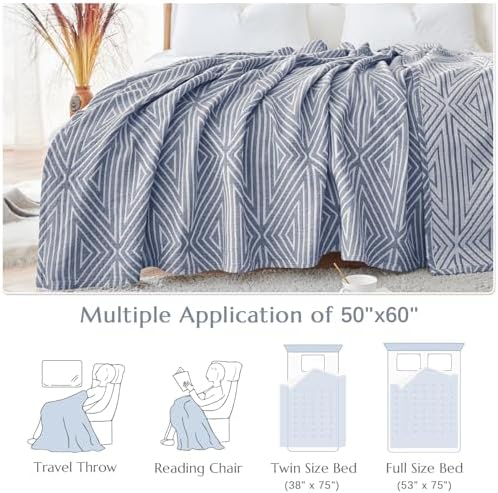 jinchan 100% Cotton Muslin Blanket Twin Boho Throw Blanket 50x60 Slate Blue - Image 6