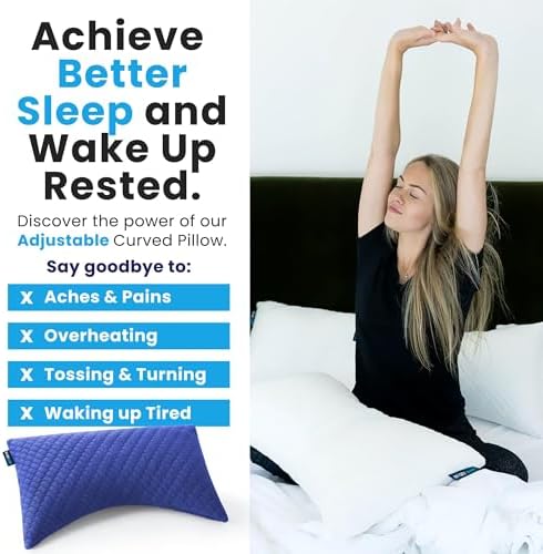 Sidney Sleep Adjustable Curved Pillows for Neck and Shoulder Support with Extra Shredded Fill - Cervical Contour Pillow for Side and Back Sleepers - Queen Size 19" x 29" - CertiPUR-US Certified (Blue) - Image 6