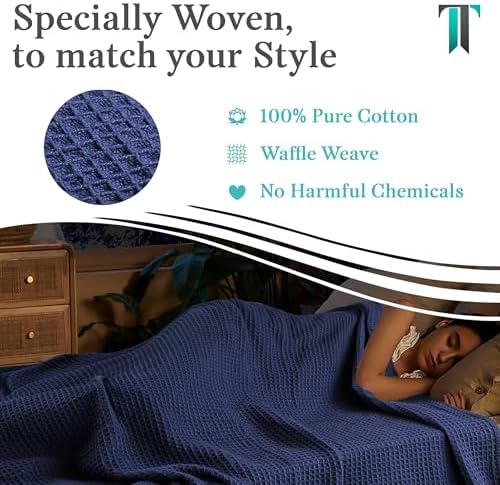 Tex Trend 100% Cotton Waffle Weave Blanket King Size - Soft, Breathable Cooling Blanket for Bed, Lightweight Cozy Summer & Spring Bedding, Navy Blue, 90x108 - Image 6