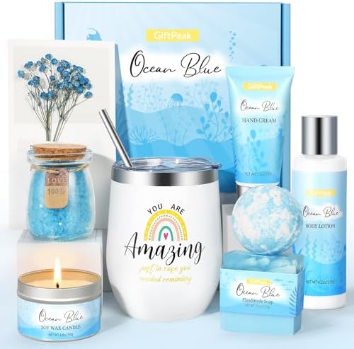 Birthday Gifts for Women, Ocean Scented Relaxing Spa Gift Baskets for Women Mom Her Wife Sister Friends Coworker Employee, Self Care Bath and Body Gift Set for Mothers Day Birthday Inspirational Gift by GiftPeak