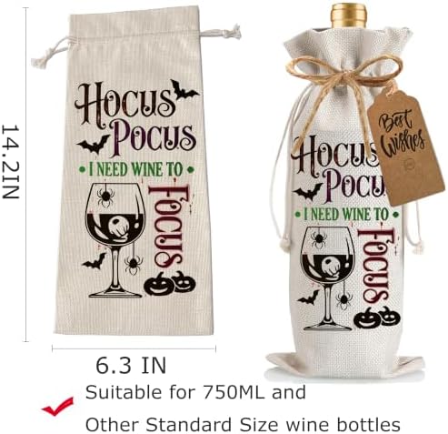 1Pcs Hocus Pocus wine Gifts Wine Bag,Halloween Wine Bag Happy Hallo wine Halloween Gifts Party Decorations for Women Men with 1Pcs Kraft Blessing Cards and natural jute rope - Image 2