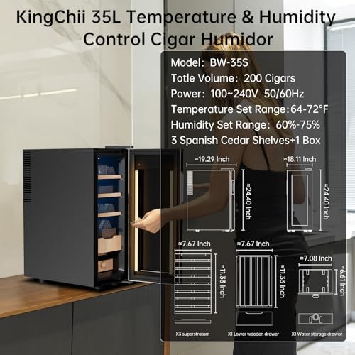 KingChii Upgrade 35L Electric Temperature & Humidity Control Cigar Humidor, Built-in Humidification System with Spanish Cedar Wood Shelves & Drawer Hygrometer Gifts For Men(250 Capacity) - Image 6