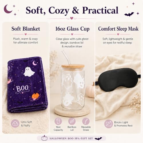 Halloween Gift Basket for Women, Boo Basket Stuffers for Her with 3.3 x 5 ft Blanket, 16 oz Ghost Glass Cup, Lavender Spa Set, Candle, Bath Salts, Soap, Socks and Accessories, Purple - Image 5