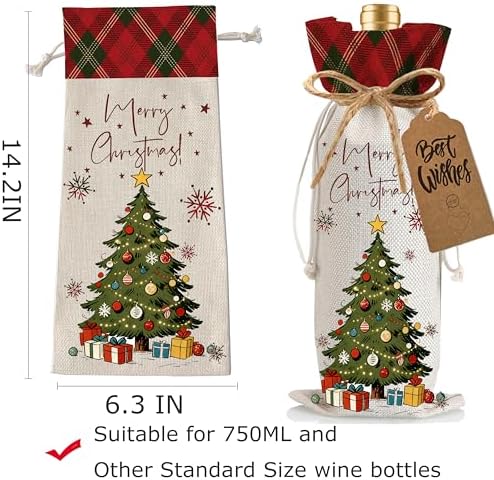 1Pcs Christmas Tree Wine Bags Christmas Gift Bag, Wine Bottle Bags Merry Xmas Bottle Covers for Merry Christmas,Holiday Party,Storage with 1Pcs Kraft Blessing Cards and natural jute rope - Image 2