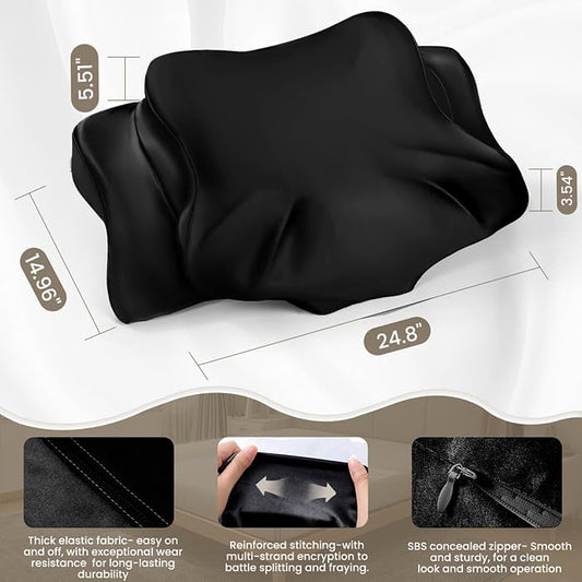 Set of 2 Thickened Satin Pillowcase, Elastic 16 * 24In Pillow Cover for Cervical Pillow or Memory Foam Pillows, Smooth & Soft Hair and Skin Friendly, Queen Size with Zipper Black - Image 2