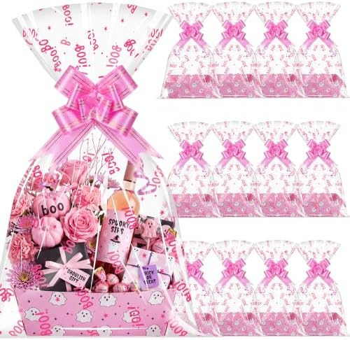 Maitys 12 Sets Halloween Empty Gift Baskets Bulk with Boo Cellophane Bags by Maitys