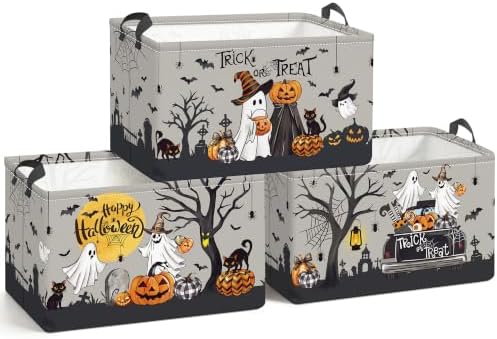 Clastyle 3 Pcs Halloween Spooky Gift Basket Ghost Boo Storage Bin, Grey by Clastyle