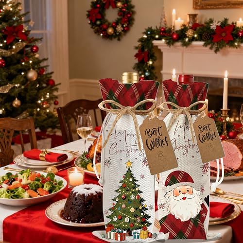 1Pcs Christmas Tree Wine Bags Christmas Gift Bag, Wine Bottle Bags Merry Xmas Bottle Covers for Merry Christmas,Holiday Party,Storage with 1Pcs Kraft Blessing Cards and natural jute rope - Image 6