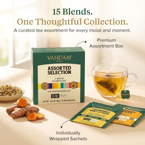 VAHDAM Assorted Tea Sampler (15 Unique Flavors in Pyramid Teabags) Tea Gift - Image 3