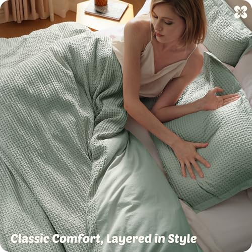Bedsure PureWoven 3 Pieces 100% Cotton Waffle Weave Duvet Cover Set, King - Image 6