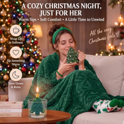 Willinglong 11 Pcs Christmas Basket Gifts for Women- Green Xmas Gift Set with Candle Basket Blanket Mug Scrunchie Headband Socks Bracelet Hair Claw Eye Mask Greeting Card for Mom Wife Teacher - Image 3