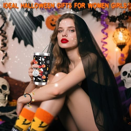Halloween Gifts for Girls Women Adults, 6 Pieces Halloween Pumpkin Spooky Basket Gift with 20 Oz Tumbler, Socks, Bracelet, Keychain, Greeting Cards, Cute Pumpkin Gift for Her, Sister, Friends, Girls - Image 3
