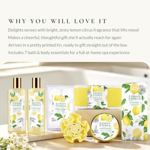 Lemon Bath Gift Set for Women, Spa Gift Basket & Self Care Birthday Gifts - Image 7