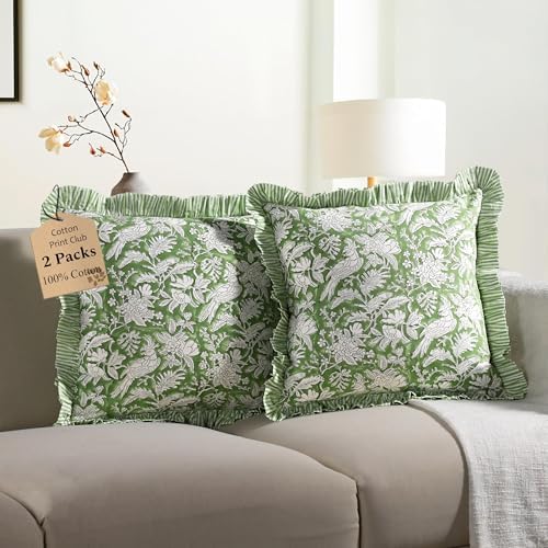 CPC Olive Green 100% Cotton Block Print Ruffle Pillow Cover 16X16 inch, Handmade Boho Floral Pillowcase, Farmhouse Cottagecore Bedding, Soft Decorative Cushion Cover for Bedroom Décor - Image 6
