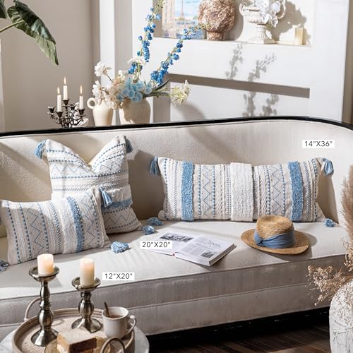 BlissBlush 14x36 Lumbar Pillow Cover for Bed, Rectangular Long Decorative Throw Pillowcase, Boho Accent Cushion with Blue Tufted Pattern and Tassels, Cream Neutral (Cover Only) - Image 7