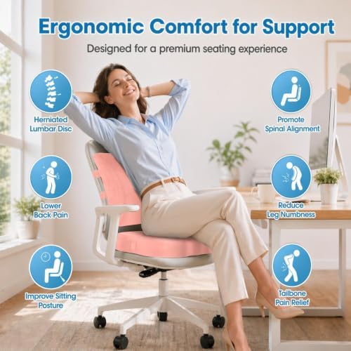 CloudBliss Ergonomic Seat Cushion & Lumbar Support Pillow Set, Pink, XL - Image 2