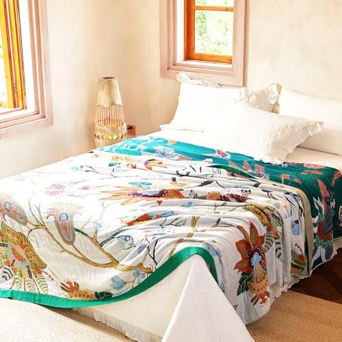 VANJOROY Boho Throw Blanket, 100% Organic Cotton Breathable Skin-Friendly Ultra Soft Bed Quilt Throw - All Season Floral Bird Farmhouse Décor Luxury Blanket for Sofa Couch Chair and Gift. 60" x 80" - Image 7