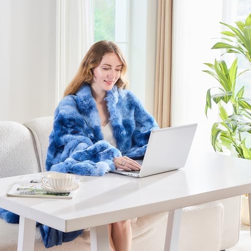 Lotus Karen Faux Fur Throw Blanket Tie-Dye Blue - Big Bubble Rabbit Fluff Blanket for Couch,Small Fluffy Fuzzy Cozy Blanket,Thick Furry Plush Shaggy Blankets,60x80 Inches - Image 7