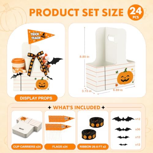 24 Set Halloween Teacher Gifts Drink Carrier Kit, Pumpkin Teacher Boo Basket Gifts, Disposable Cardboard Cup Holders with Handle, Ribbon and Gift Flags, Halloween Appreciation Gifts for Teachers - Image 3