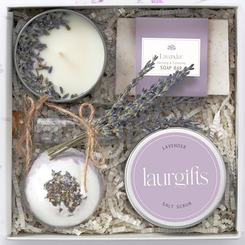 Birthday Gifts for Women – Lavender Spa Gift Basket, Small Candle Set with Bath Gifts, Relaxing Self Care Basket, Lavender Gift for Her by LaurGifts