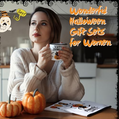 18 Pcs Halloween Gifts Set Pumpkins Ghost Makeup Bags Enamel Mugs Happy Halloween Ghost Witch Socks Bulk Tabletop Gifts Party Favors for Adults Women Coworkers Carnival Party Supplies - Image 2