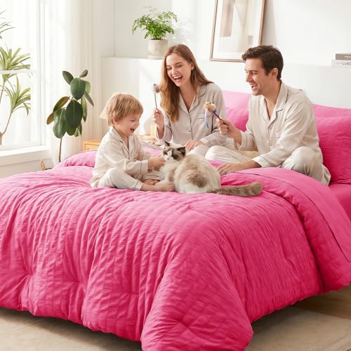CozyLux Queen Comforter Set, 7 Pieces Hot Pink Seersucker Bed in a Bag - Image 6