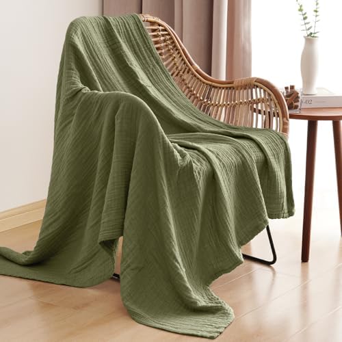 PHF 100% Cotton Muslin Throw XL Blanket Large 50" x 70", 4-Layer Lightweight Gauze Throw, Breathable Cloud-Soft Minimalist Blanket for Bed, Couch, Camping & Baby, Olive Green, Ideal Gift - Image 7