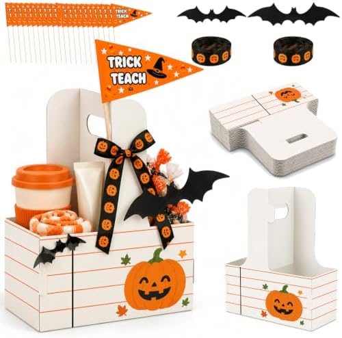 24 Set Halloween Teacher Gifts Drink Carrier Kit, Pumpkin Teacher Boo Basket Gifts, Disposable Cardboard Cup Holders with Handle, Ribbon and Gift Flags, Halloween Appreciation Gifts for Teachers by Unknown