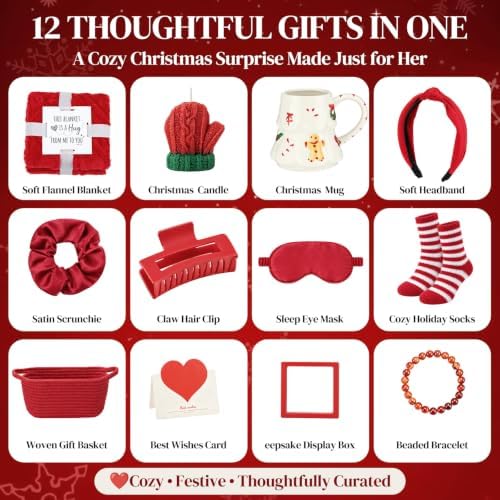 Willinglong 11 Pcs Christmas Basket Gifts for Women- Red Xmas Gift Set with Candle Basket Blanket Mug Scrunchie Headband Socks Bracelet Hair Claw Eye Mask Greeting Card for Mom Wife Teacher - Image 2