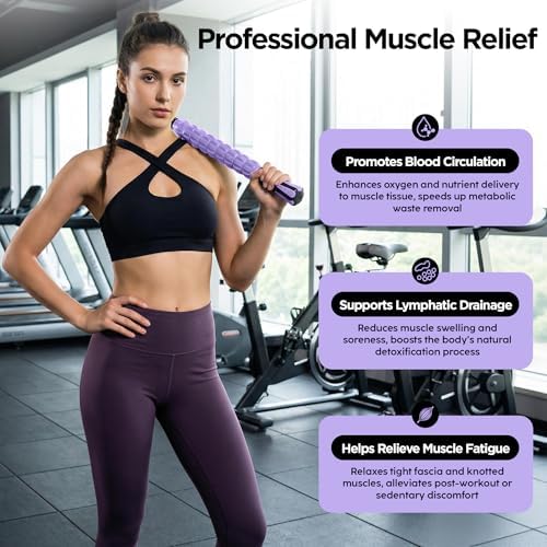 Muscle Roller & Massage Roller Stick for Athletes - Lymphatic Drainage Support, Relieves Muscle Soreness, Cramping & Tightness - Targets Legs, Arms, Back & Calves (Purple Wheel) - Image 6