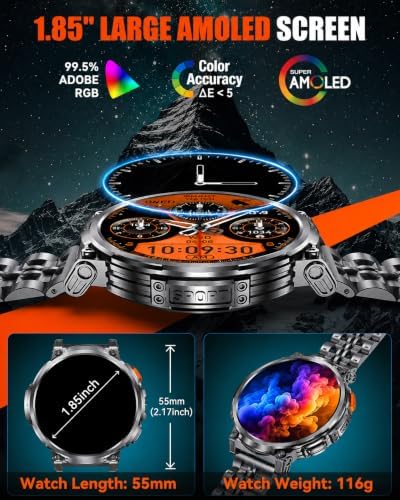 1.85" Big Screen Military Smart Watch for Men with Flashlight, 930mAh Large Battery, IP68 Waterproof, Bluetooth Calling, 114 Sports Modes, Heart Rate/Sleep Monitor for iPhone & Android - Image 2