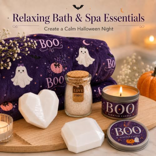 Halloween Gift Basket for Women, Boo Basket Stuffers for Her with 3.3 x 5 ft Blanket, 16 oz Ghost Glass Cup, Lavender Spa Set, Candle, Bath Salts, Soap, Socks and Accessories, Purple - Image 6