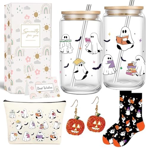 Halloween Gifts for Women,Boo Basket Stuffers for Women,Fall Gift Basket Set, Spooky Basket Stuffers Ideas for Her Cute Halloween Care Package Gift Box Boo Themed Stuff 16oz Ghost Glass Cup by 4MELLY