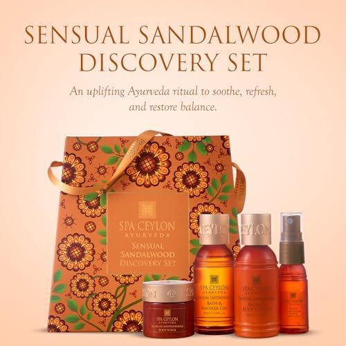 Spa Ceylon Ayurveda Sensual Sandalwood Discovery Set - 4-Piece Natural Spa Gift Set with Mysore Sandalwood, Vetiver & Patchouli – Bath Gel, Body Lotion, Pillow Mist & Body Scrub - Image 6