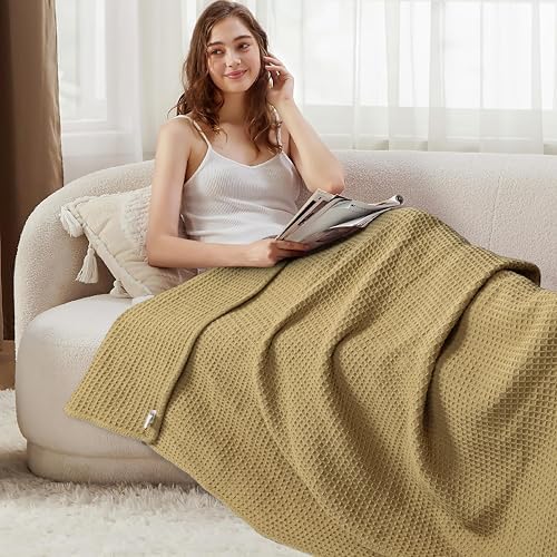 Tex Trend 100% Cotton Waffle Weave Blanket Queen Size - Soft, Breathable Cooling Blanket for Bed, Lightweight Cozy Summer & Spring Bedding, Khakhi, 90x90 - Image 6