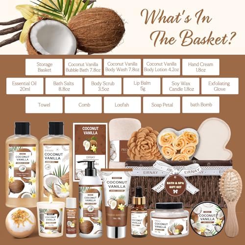 Gifts For Women - 16 PCS Birthday Gift Basket for Women Set of Coconut Vanilla Self Pampering Set, Includes Luxurious Home Spa Shower Gel Bubble Bath - Image 2