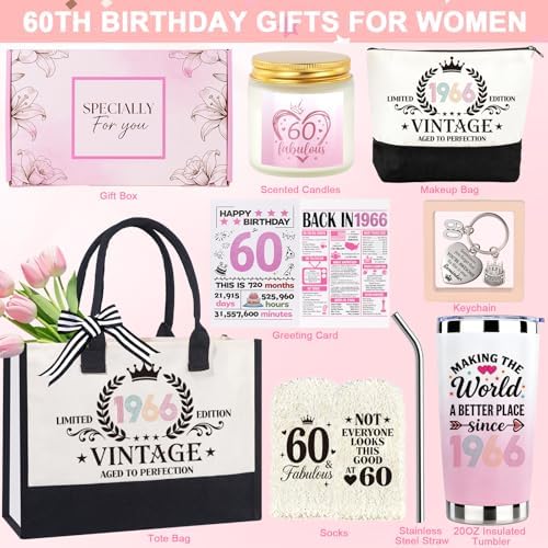 60th Birthday Gifts for Women, Vintage 1966 Birthdays Gift For Her, Cool 60 Year Old Birthday Gifts Set For Mom Wife Sister Friends Coworkers, Unique Gift Ideas With Tumbler Greeting Card Tote Bag - Image 2