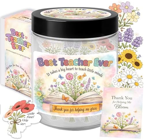 Best Teacher Ever Jar – 60 Little Bouquets Affirmation Cards, Unique Teacher Appreciation Gifts for Women Men, End of Year Teachers Gifts, Teachers Appreciation Week Gift, Thank you Gift Idea by KATINAT