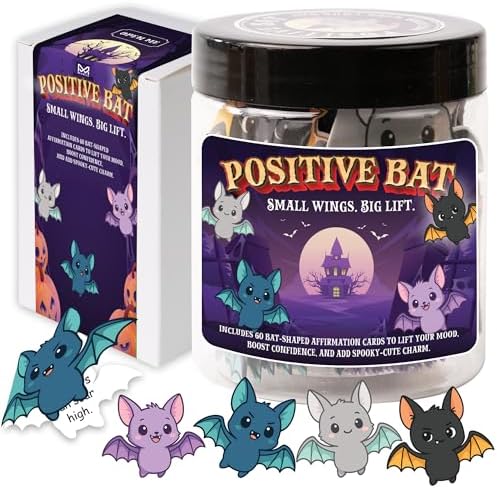 Positive Bat Jar, 60 Bat-Shaped Affirmation Cards, Cute Spooky Self Care, for Women & Teens, Halloween Basket Stuffers for Adults, Boo Basket Stuffers for Women by MiaRitaOfficial
