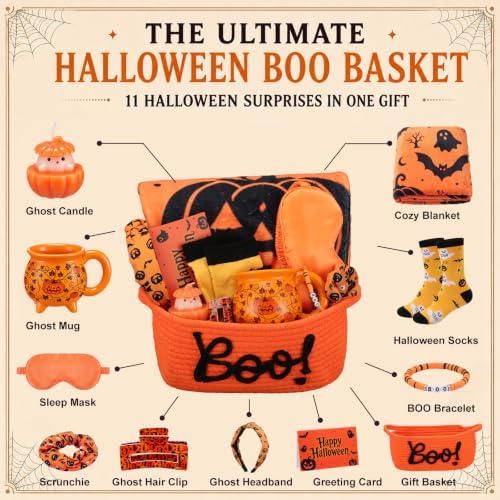 Willinglong 11 Pcs Halloween Basket Gifts for Women- Boo Gift Set with Scented Candle Mug Flannel Blanket Socks Sleep Mask Bracelet Hair Accessories Greeting Card for Mom Coworker Wife - Image 3