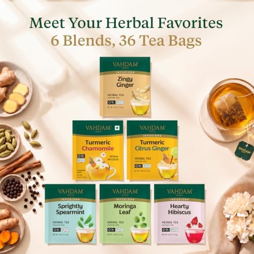 VAHDAM, Assorted Herbal Tea Gift Set (36 Tea Bags, 6 Flavors) Caffeine-Free, Non-GMO | Double Infusion, Individually Enveloped Tea Bags | Herbal Tea variety Pack | Tea Gifts for Women & Men - Image 6