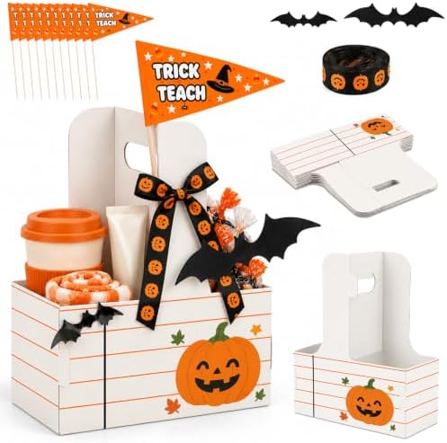 12 Set Halloween Teacher Gifts Drink Carrier Kit, Pumpkin Teacher Boo Basket Gifts, Disposable Cardboard Cup Holders with Handle, Ribbon and Gift Flags, Halloween Appreciation Gifts for Teachers by Unknown