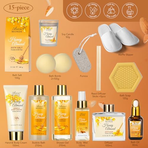 Bath and Body Gift Set, 15pcs Honey Almond Gift Basket for Women Mom Sister - Image 2