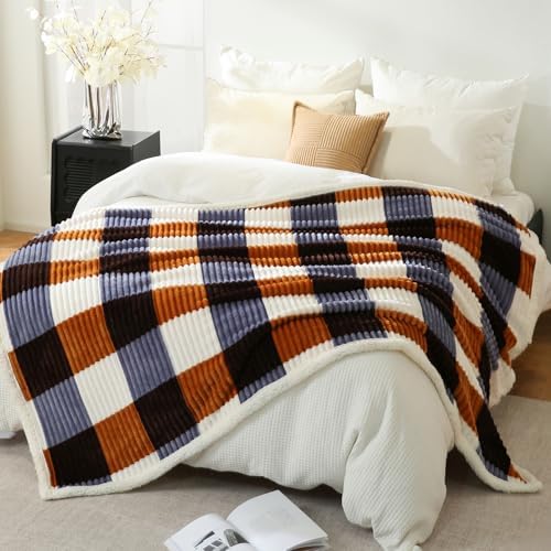PU MEI Sherpa Blanket Twin Plaid Thick Bed Blanket, 60”*80” Super Soft Flannel Fuzzy Fleece Reversible Velvet Plush Warm Blanket for Couch (Brown Orange Check) - Image 6
