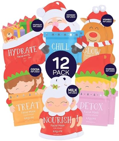 SpaLife Beauty Santa’s Squad Christmas Face Mask Bundle | Korean Facial Masks | Hydrating, Soothing, Complexion Enhancing and Firming Sheet Mask Set | Christmas Gifts for Women | 12 Pack by SpaLife
